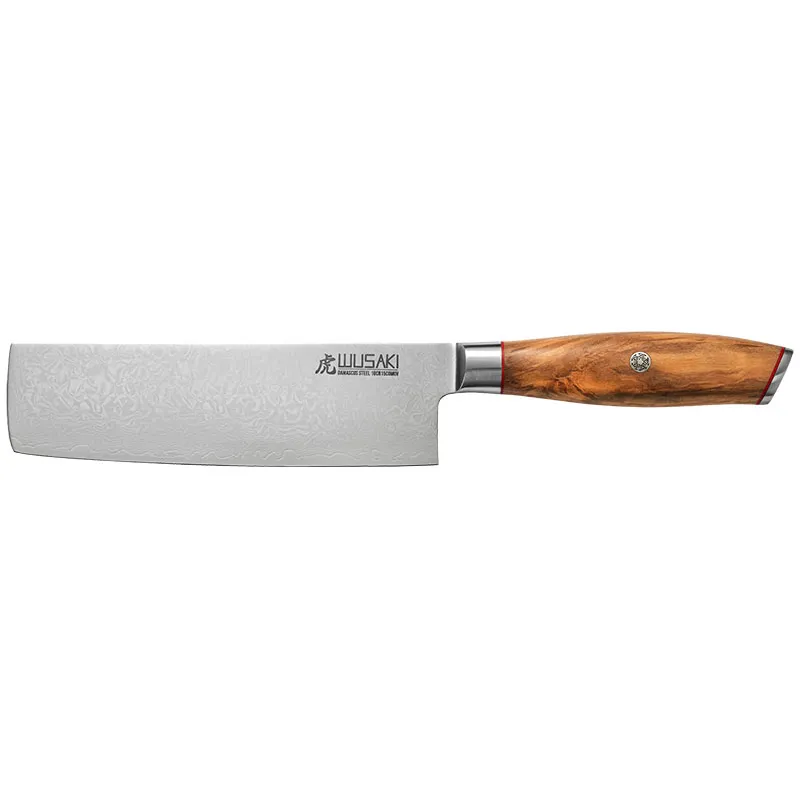 Couteau Nakiri Wusaki Damas 10Cr 17 cm en acier damas et manche en olivier