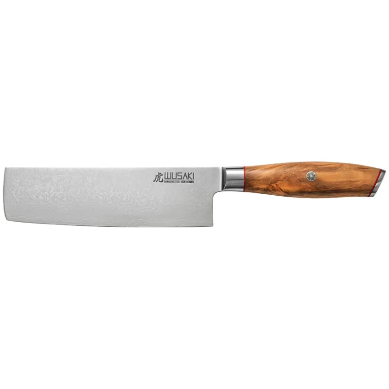 Couteau Nakiri Wusaki Damas 10Cr 17 cm en acier damas et manche en olivier