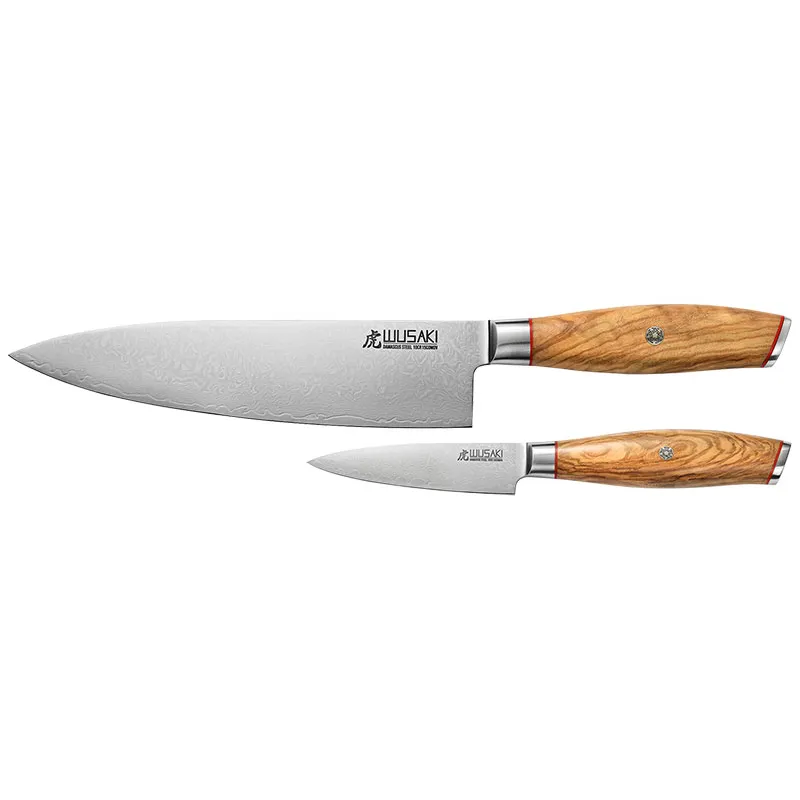 Coffret Wusaki Damas 10Cr - 2 couteaux de cuisine en acier damas et manche en olivier