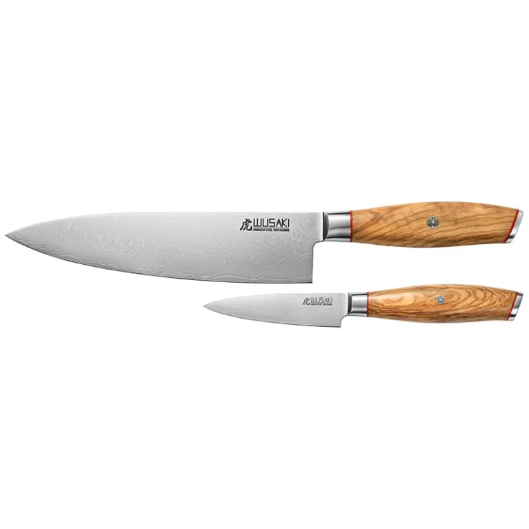 Coffret Wusaki Damas 10Cr - 2 couteaux de cuisine en acier damas et manche en olivier