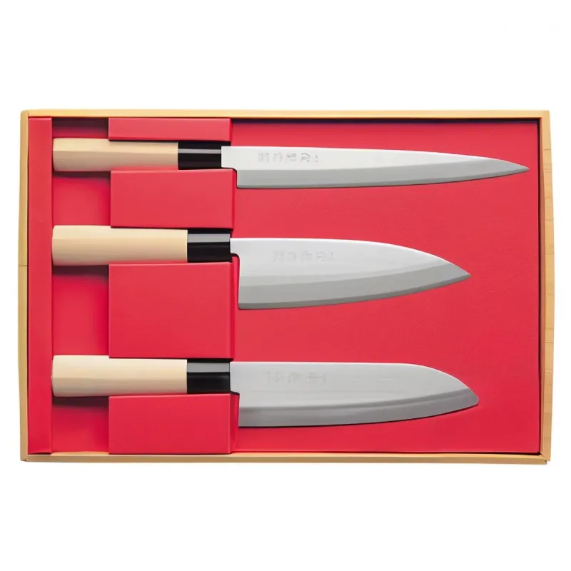 Set 3 couteaux japonais - Sashimi, Deba et Santoku en acier 420 J2