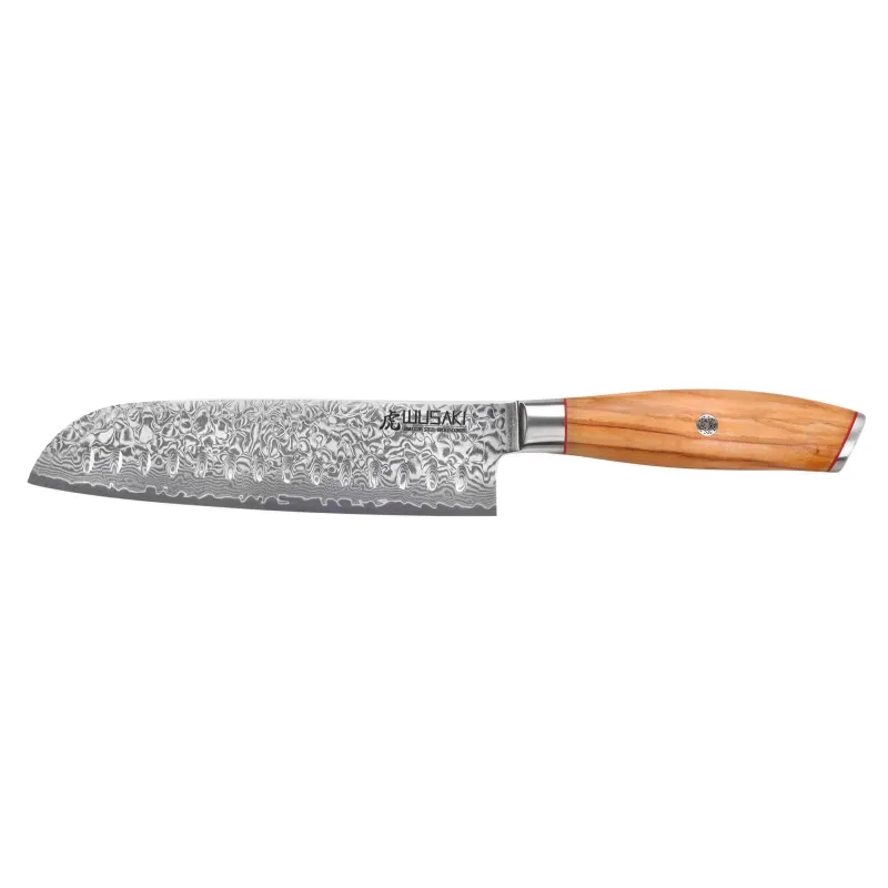 Couteau Santoku Wusaki Damas 10Cr 17 cm en acier damas et manche en olivier