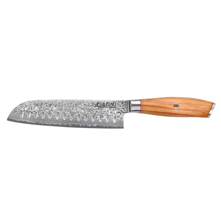 Couteau Santoku Wusaki Damas 10Cr 17 cm en acier damas et manche en olivier