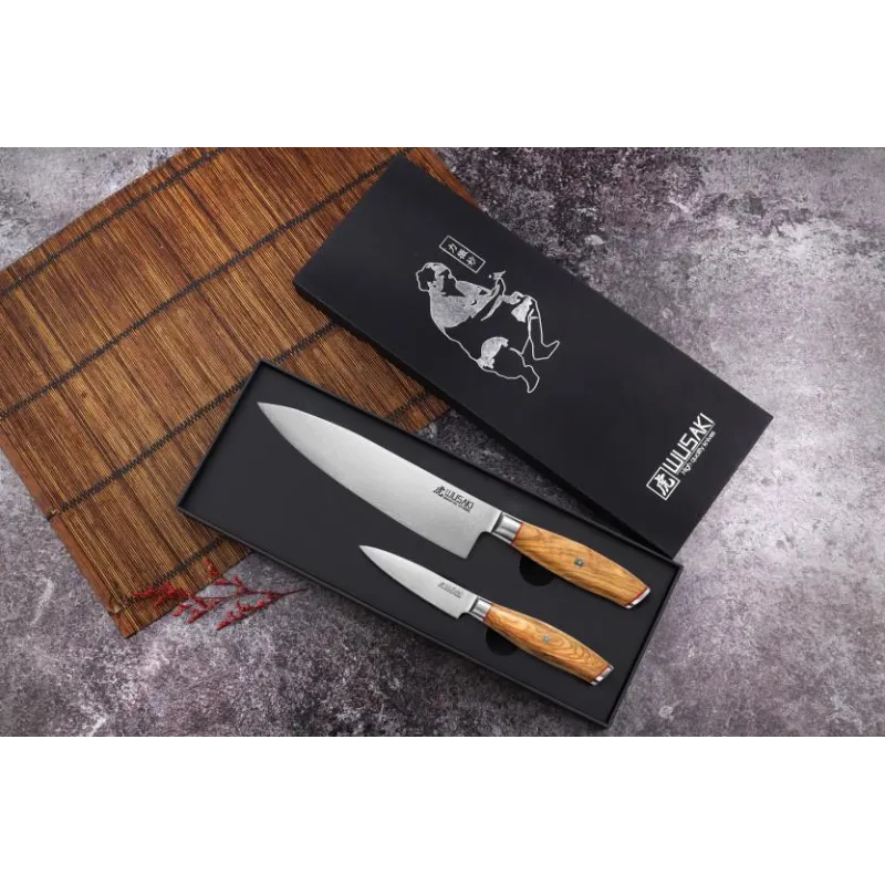 Coffret Wusaki Damas 10Cr - 2 couteaux de cuisine en acier damas et manche en olivier