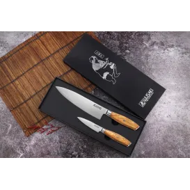 Coffret Wusaki Damas 10Cr - 2 couteaux de cuisine en acier damas et manche en olivier
