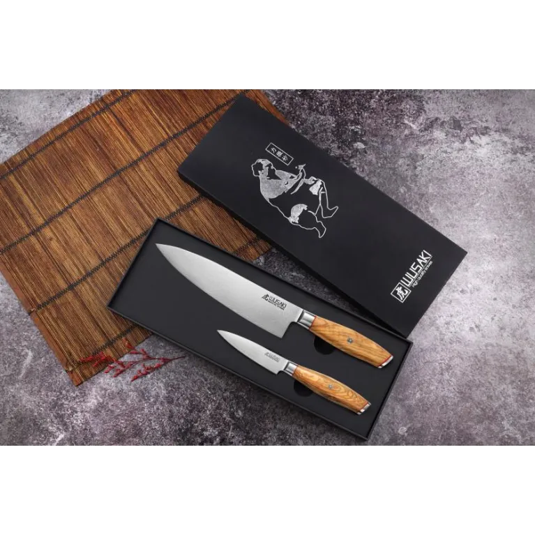 Coffret Wusaki Damas 10Cr - 2 couteaux de cuisine en acier damas et manche en olivier